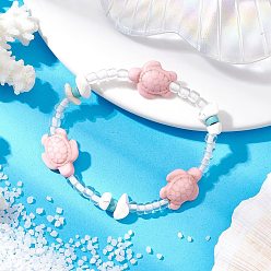 Pink Браслеты из синтетической бирюзы и магнезита, морская черепаха, со стеклянными бисеринами, розовые, внутренний диаметр: 2-1/8 дюйм (5.5 см)