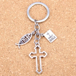 Antique Silver & Platinum Religion Theme Zinc Alloy Keychain, Cross with Fish and Book, Antique Silver & Platinum, 7.5cm