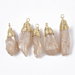 Wheat Electroplate Natural Quartz Crystal Pendants, with Brass Findings, Nuggets, Golden, Wheat, 40~64.5x10~21x6~17mm, Hole: 3~4mm