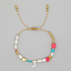 Letter J Initial Letter Natural Pearl Braided Bead Bracelet, Adjustable Bracelet, Letter J, 11 inch(28cm)
