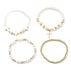 Mixed Color 4Pcs 4 Style Shell Pearl & Glass Beaded Stretch Bracelets Set, Brass Cross Charms Stackable Bracelets for Women, Mixed Color, Inner Diameter: 2-1/8~2-1/4 inch(5.25~5.85cm), 1Pc/style