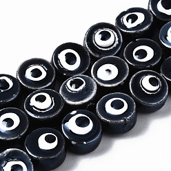 Negro Hebras de cuentas de cerámica de porcelana hecha a mano, porcelánico esmaltado brillante, plano y redondo con mal de ojo, negro, 8x5 mm, agujero: 1.5 mm, sobre 40 unidades / cadena, 12.01 pulgada (30.5 cm)