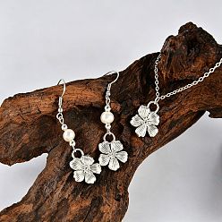 Argent Antique Ensembles de boucles d'oreilles pendantes et de colliers avec pendentifs en forme de fleur, en alliage de zinc et imitation perle, pour femmes, argent antique, 470mm, pendentif: 19x16 mm
