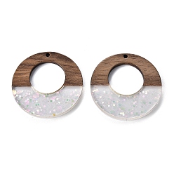 Бледно-Розовый Подвески из эпоксидной смолы и орехового дерева, с пайеткой / блестками, плоско-круглые, розовый жемчуг, 37.5x38x3 мм, отверстие : 2 мм