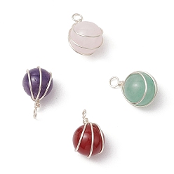 Серебро 4шт. 4 стили подвески в виде шара из натурального розового кварца, зеленого авантюрина, аметиста и сердолика, обмотанные медной проволокой, круглые подвески, смешанные окрашенные и неокрашенные, серебряные, 17~18x10~11 мм, отверстие : 2.5 мм, 1 шт / стиль
