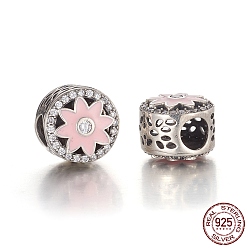 Pink Hollow Antique Silver Plated 925 Sterling Silver European Beads, Large Hole Beads, with Cubic Zirconia and Enamel, with 925 Stamp, Flat Round with Flower, Pink, 11x9mm, Hole: 4.5mm