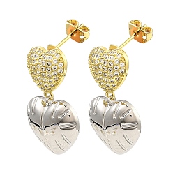 Real 18K Gold Plated Rack Plating Brass Heart Dangle Stud Earrings with Cubic Zirconia, Long-Lasting Plated, Lead Free & Cadmium Free, Real 18K Gold Plated, 33x20mm