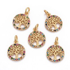 Golden Brass Micro Pave Cubic Zirconia Charms, with Jump Rings, Flat Round with Tree of Life, Colorful, Golden, 14.5x12x1.5mm, Hole: 2.5mm
