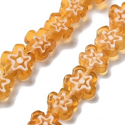 (932FM) Темно-синий аква-матовый с подкладкой Handmade millefiori lampwork beads strands, цветок, темно-золотистые, 7.5~8.5x7.5~8.5x3~3.5 мм, отверстие : 0.8 мм, около 50 шт / нитка, 15.75~15.94 дюйм (40~40.5 см)