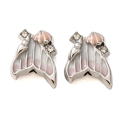 Pink Colgantes de la aleación del esmalte, Cola de pez con dijes en forma de concha, con diamantes de imitación de cristal, Platino, rosa, 13x11.5x6.5 mm, agujero: 1.8 mm