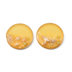 Золотистый Подвески из латуни и смолы, с ракушкой и жемчужиной из АБС-пластика, плоские круглые прелести, с блеском порошок, золотой свет, золотые, 30x4~5.5 мм, отверстие : 1.2 мм