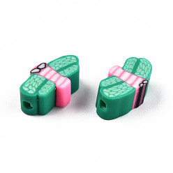 Sea Green Handmade Polymer Clay Beads, Dragonfly, Sea Green, 5~8.5x9~11.5x4.5~5mm, Hole: 1.2~1.6mm