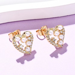 Настоящее золото 16K Серьги-гвоздики из латуни с прозрачным фианитом и прозрачным фианитом, с ABS имитации жемчуга, реальный 16 k позолоченный, 12x11.5 мм