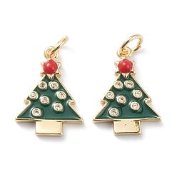 Doré  Pendentifs en laiton, style de noël, micro pavé, qualité transparente, zircone cubique aaa, avec émail coloré et anneaux sautés, plaqué longue durée, arbre de Noël, or, 17x12x2mm, Trou: 3mm, anneau de saut: 5x1 mm