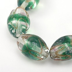 Sea Green Oval Shaped Handmade Gold Sand Lampwork Beads, Sea Green, 16x11mm, Hole: 2mm