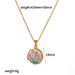 Nuggets 304 Stainless Steel Enamel Flower Pendant Necklaces, Golden, Colorful, Nuggets, 16.14 inch(41cm), pendant: 19mm
