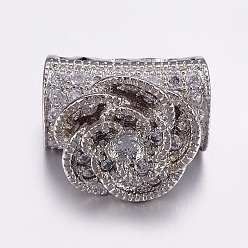 Платинированный Латунные микро проложить кубического циркония бусы, бусины с большим отверстием, долговечный, трубка и цветок, прозрачные, Реальная платина, 14x8x11 мм, отверстие : 5x6 мм