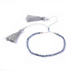 Steel Blue Adjustable Nylon Thread Charm Bracelets, with Glass Seed Beads, Cotton Thread Tassel Pendant, 304 Stainless Steel Findings, Steel Blue, 2 inch(5cm)