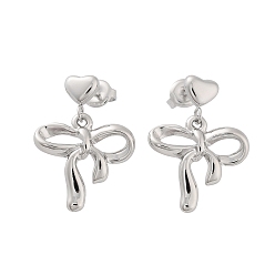 Stainless Steel Color 304 Stainless Steel Dangle Stud Earrings, Bowknot with Heart, Stainless Steel Color, 26.5x19mm