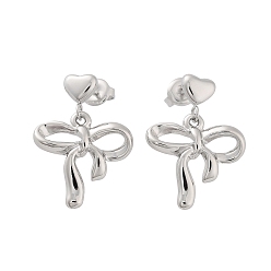 Stainless Steel Color Tarnish Resistant 304 Stainless Steel Dangle Stud Earrings, Bowknot with Heart, Stainless Steel Color, 26.5x19mm