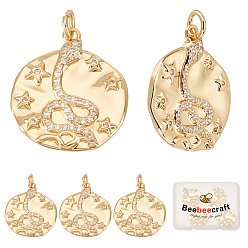 Настоящее золото 18K 6 кулоны из латуни с прозрачным кубическим цирконием, с прыжковых колец, долговечный, плоский круглый со звездой и змеей, реальный 18 k позолоченный, 23x20.3x2 мм, отверстие : 3.2 мм