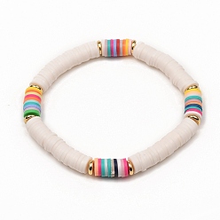 Blanc Fumé Bracelets élastiques faits à la main de perles heishi en pâte polymère, laiton perles d'espacement, fumée blanche, diamètre intérieur: 2-1/4 pouce (5.6 cm)