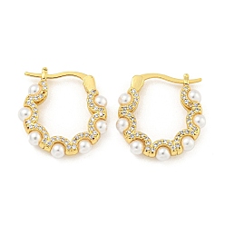 Real 18K Gold Plated Rack Plating Brass Micro Pave Clear Cubic Zirconia Hoop Earring, Cadmium Free & Lead Free, Long-Lasting Plated, with ABS Imitation Pearl Wave Line Hoop Earrings, Real 18K Gold Plated, 22x4mm