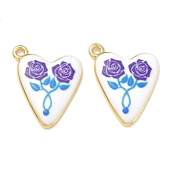 Indigo Printed Brass Pendants, Heart & Rose Pattern Charms, Rack Plating, Long-Lasting Plated, Lead Free & Cadmium Free, Real 18K Gold Plated, Indigo, 21.5x18x3.5mm, Hole: 1.5mm