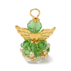 Зеленый газон Стеклянные подвески, угол, с бусинами-крылышками из сплава и железной петлей, граненые, зеленый газон, 30x21.5x16 мм, отверстие : 2.2~3.6 мм