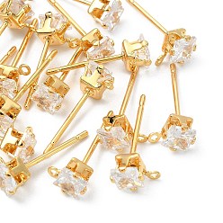 Real 18K Gold Plated SHEGRACE Brass Clear Cubic Zirconia Square Stud Earring Findings, Cadmium Free & Nickel Free & Lead Free, with Loop, Real 18K Gold Plated, 8x5mm, Hole: 0.8~1mm