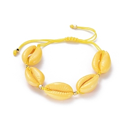 Yellow Adjustable Braided Bead Bracelets, with Spray Paint Cowrie Shell Beads, Golden Plated Brass Beads and Nylon Thread, Yellow, 3.5~9.6cm