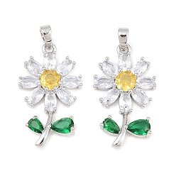 Real Platinum Plated Brass Micro Pave Colorful Cubic Zirconia Pendants, Sunflower Charms, Real Platinum Plated, 27.5x15.5x4.5mm, Hole: 5x3mm