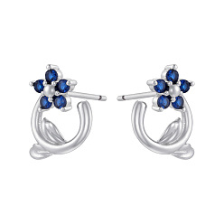 Морской Синий Серьги-гвоздики из латуни с кубическим цирконием ко Дню святого Валентина, цветок, платина, Marine Blue, 13.5x12 мм