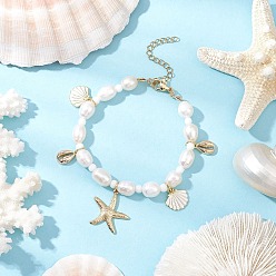 (52) Непрозрачная лаванда Браслеты из натурального культивированного пресноводного жемчуга с бисером, 304 Браслеты из нержавеющей стали с подвесками в форме морской звезды и эмалированной ракушки, разноцветные, 7-1/2 дюйм (18.9 см)