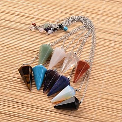Mixed Stone Platinum Tone Brass Natural & Synthetic Mixed Stone Cone Hexagonal Pointed Dowsing Pendulums, with Lobster Claw Clasps, 230x3mm