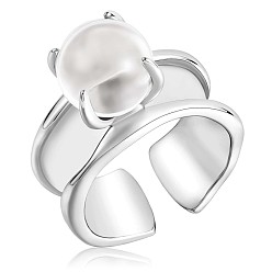 Platinum Rhodium Plated 925 Sterling Silver Open Cuff Ring, Natural Quartz Crystal Round Beaded Ring for Women, Platinum, US Size 5 1/4(15.9mm)