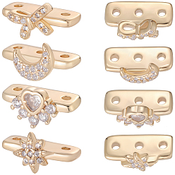 Настоящее золото 18K 12 шт. 4 стили латунные микропаве прозрачные кубические циркониевые дистанционные планки, 3-луночное, реальный 18 k позолоченный, 6.5x12.5~13x6~7 мм, отверстие : 1.2 мм, 3 шт / стиль