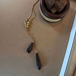 Золотой Регулируемое колье-лариата из сплава с деревянной каплевидной кисточкой и цепочкой в форме капли для женщин., кокосового коричневый, золотые, 23.62~27.56 дюйм (60~70 см), кулон: 25 мм & 35 мм