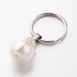 White Stainless Steel Keychain, Round, with Imitation Pearl Acrylic Beads and Brass Rhinestone Spacer Beads, White, 52mm
