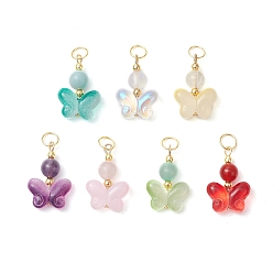 Золотой 7шт. 7 стили натуральный розовый кварц, аметист, зеленый авантюрин, цитрин, амазонит и сердолик, синтетический лунный камень круглые и стеклянные подвески-бабочки, с открытыми пружинными кольцами из нержавеющей стали 304, золотые, 26.5x14.5x6.5 мм, отверстие : 4.5 мм, 1 шт / стиль