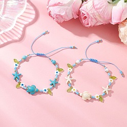 (52) Непрозрачная лаванда 2 шт. 2 цвета морская тематика браслеты из синтетического бирюзового и стеклянного бисера, Регулируемый браслет с подвесками в виде черепахи и морской звезды для женщин., разноцветные, внутренний диаметр: 2.11~3.48 дюйм (5.35~8.85 см), 1 шт / цвет