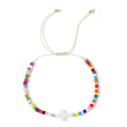 Разноцветный Стеклянные бусины и латунные плетеные браслеты из бисера, белые ракушечные крестообразные регулируемые браслеты, красочный, 11 дюйм (28 см)
