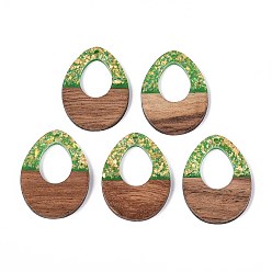 Зеленый лайм Подвески из непрозрачной смолы и орехового дерева, слезинки, с блестящей пудрой и золотой фольгой, зеленый лайм, 37.5~38x28x3~4 мм, отверстие : 2 мм