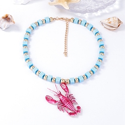 Синий Подвеска в виде розового лобстера из пластика, ожерелье из квадратных бусин в полоску с цепочками на концах из сплава, золотые, синие, 16.61 дюйм (42.2 см)