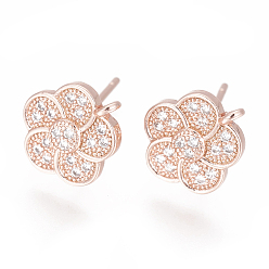 Розовое Золото Изделия из латуни, с фианитом и петлей, цветок, прозрачные, розовое золото , 11x9.5 мм, отверстие : 1 мм, штифты : 0.8 мм