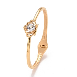 Golden Clear Cubic Zirconia Crown Cuff Bangle, 304 Stainless Steel Hinged Open Bangle for Women, Ion Plating(IP), Golden, Inner Diameter: 2-1/4 inch(5.7cm)