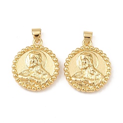 Настоящее золото 18K Латунные подвески, плоские круглые и подвески с изображением Иисуса Христа, стойки покрытие, долговечный, без кадмия и без свинца, реальный 18 k позолоченный, 20.5x18x4 мм, отверстие : 4.5x3.5 мм