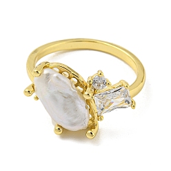 Chapado en Oro Real de 14K Anillo abierto con pepitas de perlas naturales y cristal., anillo de dedo de latón, real 14 k chapado en oro, tamaño de EE. UU. 9 1/2 (19.3 mm)