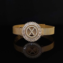 Letter X Латунные браслеты с микропаве из прозрачных кубических цирконий для женщин, плоские круглые с буквы, реальный 18 k позолоченный, Письмо X, 8-1/4 дюйм (21 см)