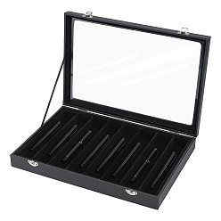 Black 10-Slot MDF Covered with PU Leather Pen Organizer Display Cases with Acrylic Window Lid, Rectangle, Black, 35x24.5x4.95cm
